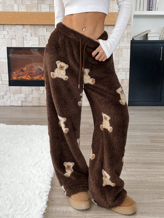 Casual Teddy Fleece Lange Broek voor Dames met Cartoon Beer Patroon en Trekkoord