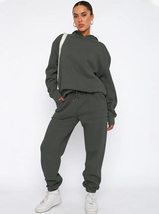 Casual Donkergrijze Hoodie en Lange Mouw Sweater en Broek Set