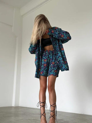 Zomerse Casual Bloemen Cardigan met Elastische Taille Shorts