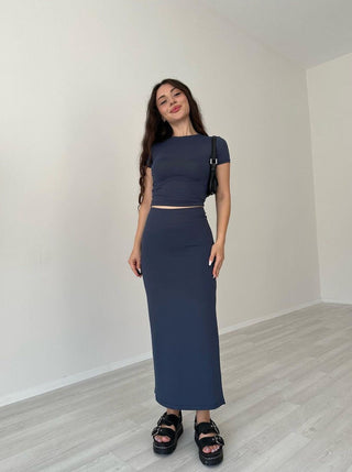 Stijlvolle Casual Blauw Ronde Hals Crop Top en Rok Set