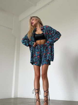 Zomerse Casual Bloemen Cardigan met Elastische Taille Shorts