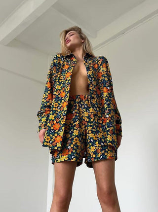 Zomerse Casual Bloemen Cardigan met Elastische Taille Shorts