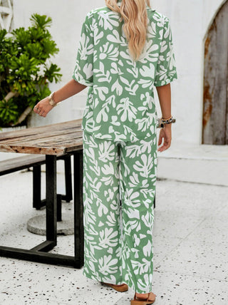 Casual groene set met gedrukte losse blouse en broek