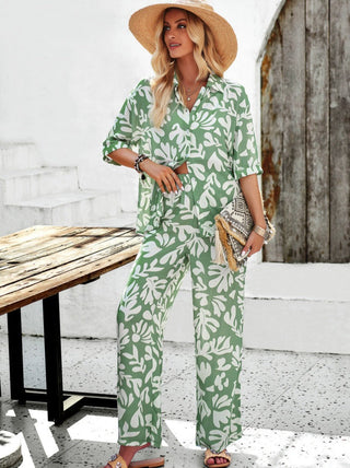 Casual groene set met gedrukte losse blouse en broek