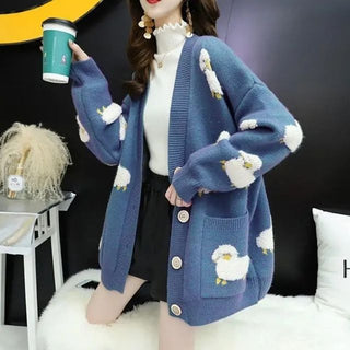 Chunky knit cardigan with sheep motif - Bayu