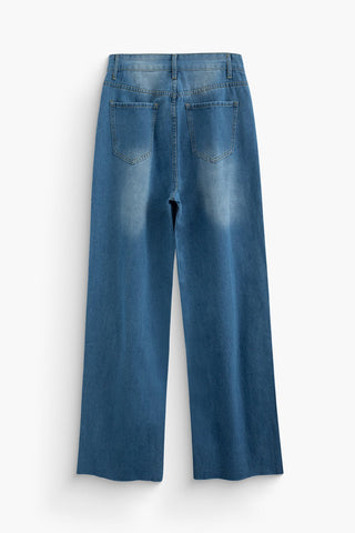 Effen Gerafelde Gescheurde Jeans met Hoge Taille - Jeans - Bayu