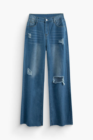 Effen Gerafelde Gescheurde Jeans met Hoge Taille - Jeans - Bayu