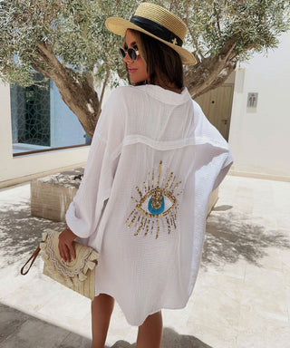 Oversized witte muslin blouse met glitters en oogdesign voor dames - Bayu