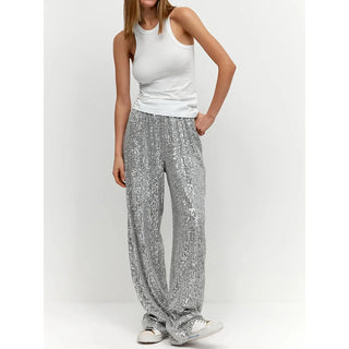 Zijdezachte Pailletten Broek in Metallic Zilver