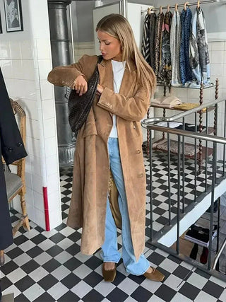 Savanne - Dames Suède Look Lange Trenchcoat