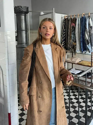 Savanne - Dames Suède Look Lange Trenchcoat